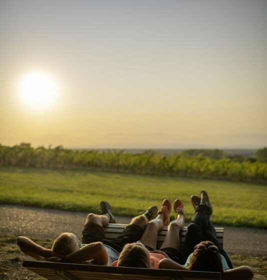 Drei Personen liegen auf einer Himmelsliege und schauen in Richtung Weinberge, worüber die Sonne untergeht.