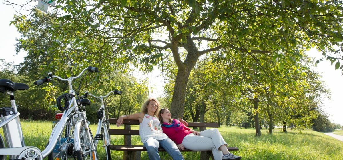 Zwei Frauen sitzen auf einer Wiese auf einer Bank. Neben ihnen stehen zwei Fahrräder.